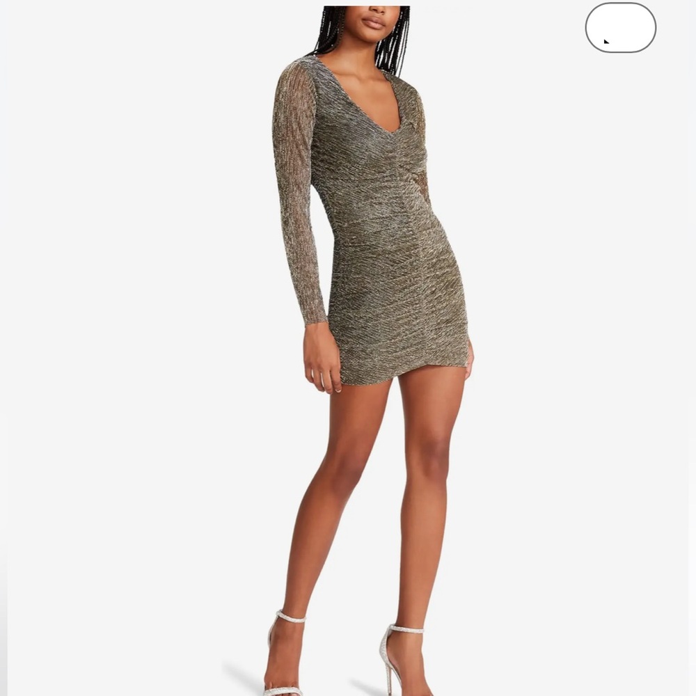 Steve Madden Tessa Metallic Sparkly Long Sleeve V-Neck Ruched Dress NYE